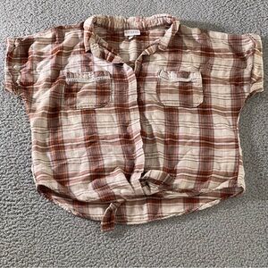 Shyanne Women's Western Shirt‎ L Brown Fall Plaid Cropped Tie Front Short Sleeve
